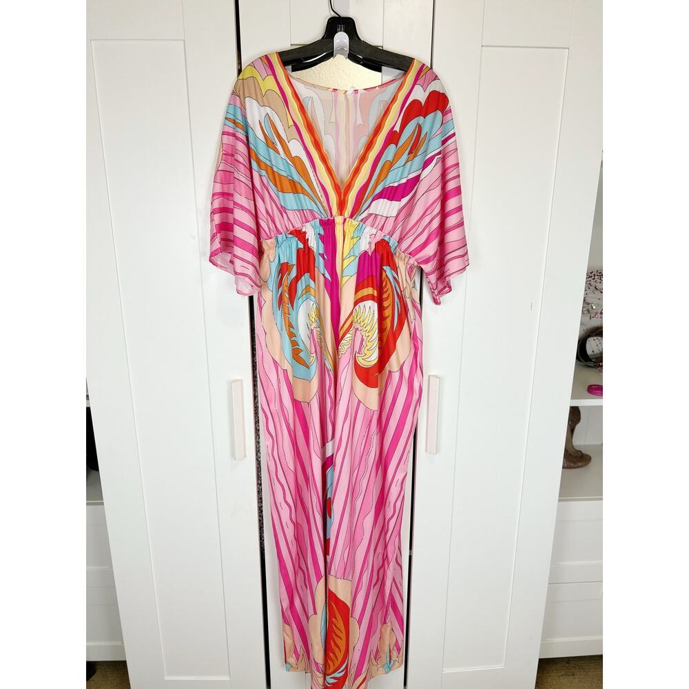 Pink Abstract Batwing Sleeve Elastic Waist Button Down Summer Maxi Dress Size XL - Picture 5 of 16